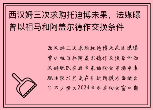 西汉姆三次求购托迪博未果，法媒曝曾以祖马和阿盖尔德作交换条件